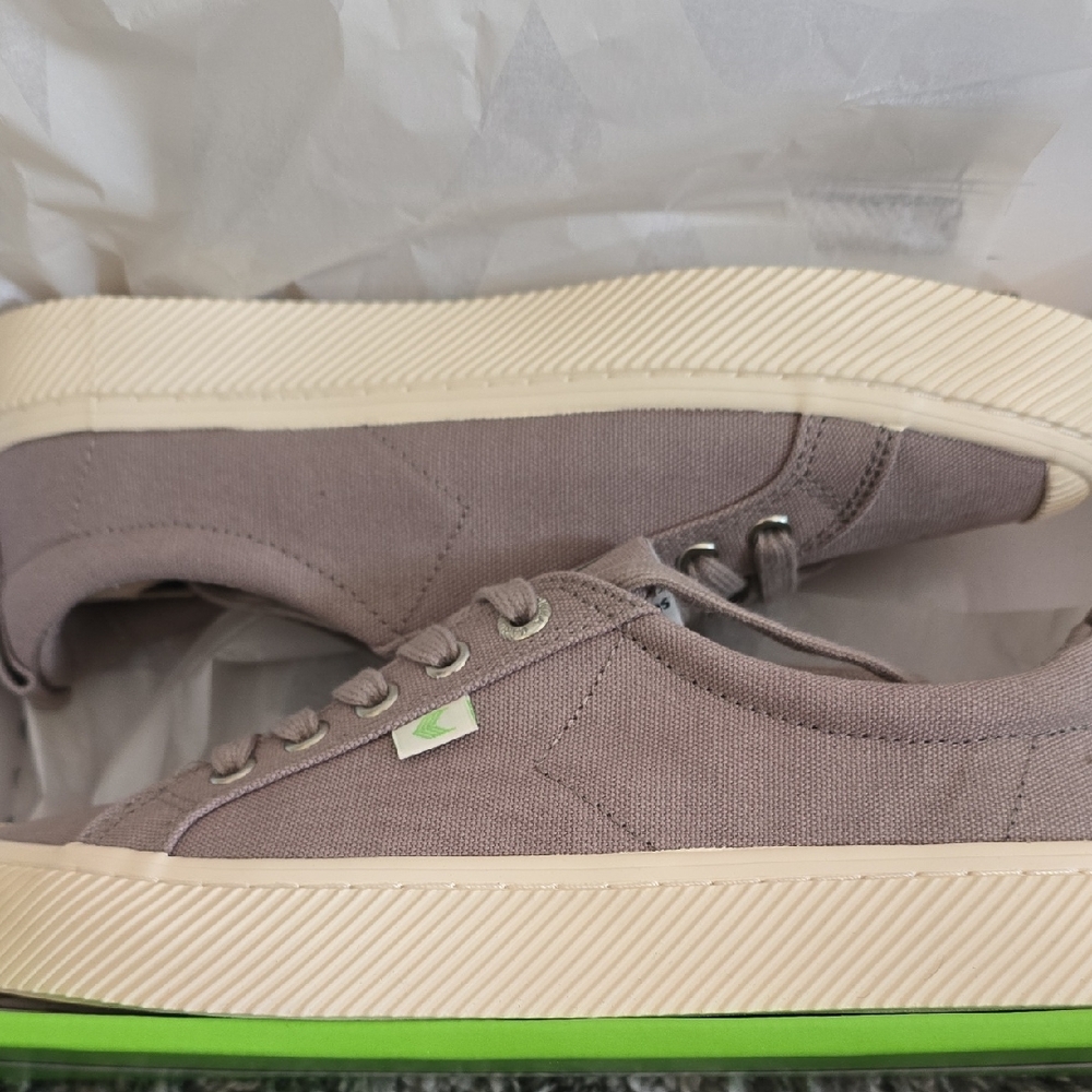 Cariuma Taupe Canvas Sneakers with Cream and Green Accents